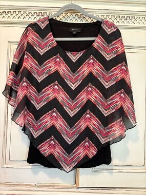 AB Studio Black Blouse with Red Chevron Overlay